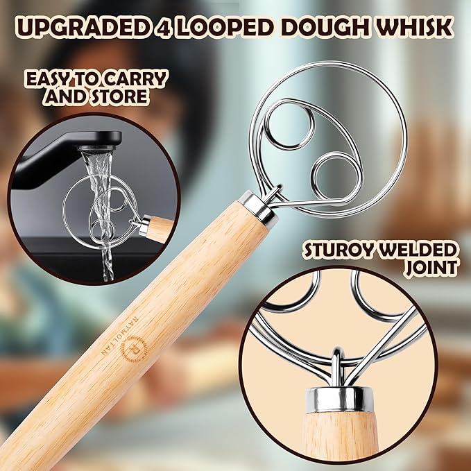Premium Stainless Steel Danish Dough Whisk & Magnetic Bread Scoring Lame with 5 Blades – Professional Sourdough Baking Tools Kit for Mixing, Cutting & Decorating Bread