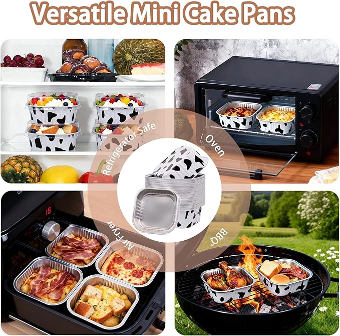 FORBFAN 150 Pcs Mini Square Baking Cups with Lids, 10 oz Mini Aluminum Cake Pans with Spoons, Small Baking Tins Cow Print