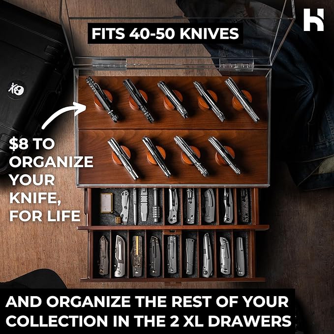 Premium Pocket Knife Display Case for 50 Knives - Extra Large Wooden Knife Organizer, Storage & Holder with Unique Pillars, 2 Drawers - Knife Collection Box - Handcrafted for Men