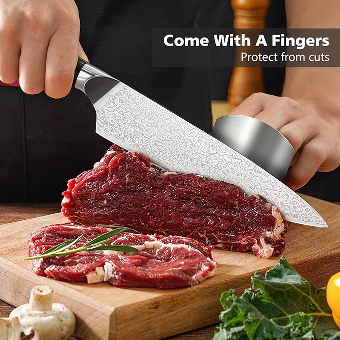 8 Inch Chef Knife, Kitchen Knife with Sharpener and Finger Guard, Professional Steel Sharp Chef's Knife Set with Ergonomic Handle, Gifts for Christmas, Black