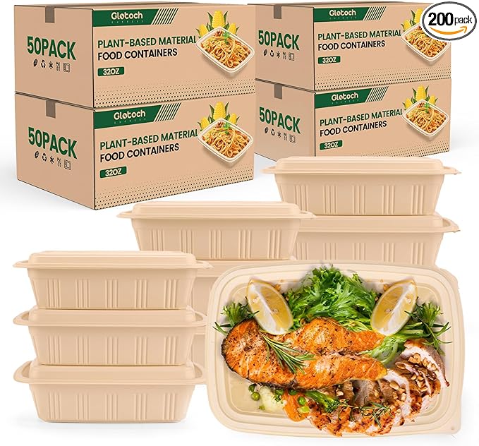 Glotoch Express 32 oz-200 Pack Meal Prep Containers with Lids,Resuable Cornstarch Material Salad Containers, Plant-based Lunch Boxes, Plastic Take Out Bowls for Restaurant