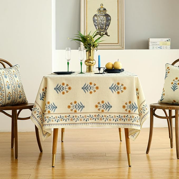 ISAENNE Designer French Pale Yellow Extra Long Rectangle Table Cloth,Linen Floral Tablecloth,Wrinkle Resistant Decor Tablecloths for Dining Thanksgiving Banquet Kitchen Party,63"*110"-Estevan A