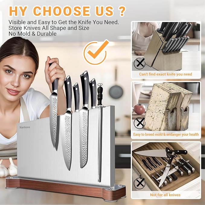 Magnetic Knife Block Without Knives Large Double Side Magnetic Knife Holder Stand with Strong Magnet, Stainless Steel Knife Storage Organizer for Kitchen Counter Knife Rack Three Magnet Strip