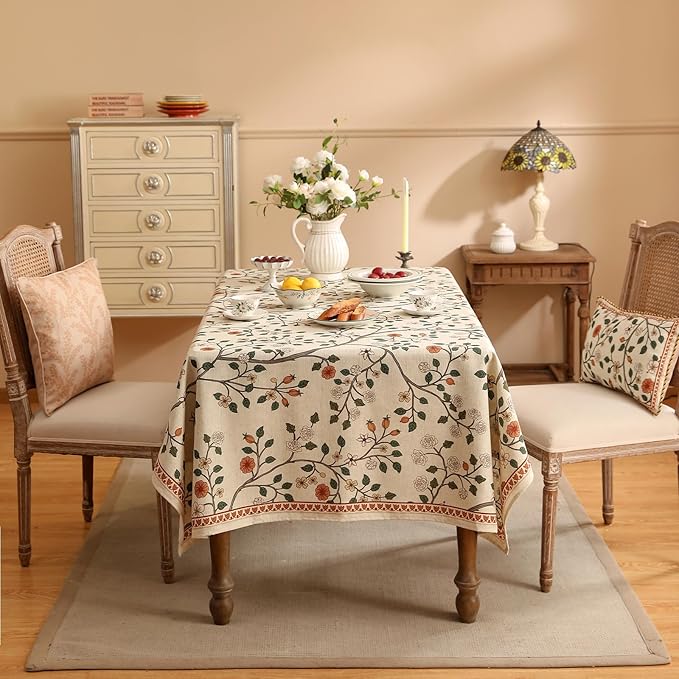 ISAENNE Designer Floral Small Rectangle Tablecloth,French Linen Light Beige Indoor Table Cloth,Fall Wrinkle Resistant Decor Tablecloths for Dining Thanksgiving Kitchen,55"*71"-Flora A