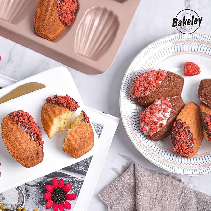 Madeleine Pan, 12-Cavity Mold Cake Pan Non-Stick Oval Shell Madeline Bakeware for Oven Baking (Rose Gold)