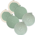 Encasa XO Round Trivet Mats for Hot Dishes with Hanging Loop | Sage Combo - Set of 6 with 7 inch Diameter | Cotton Round Thick Heat Resistant Pot Holders | Use Hot Pads Plate Mats for Hot Pots & Pans