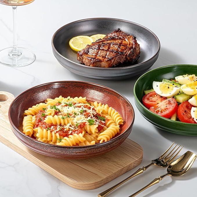HAPPY KIT Stoneware Pasta Bowls, 9-inch, Set of 4, 42 oz, Reactive Glaze Large Salad Bowls, Scratch-Resistant Ceramic Serving Bowls, Four Colors