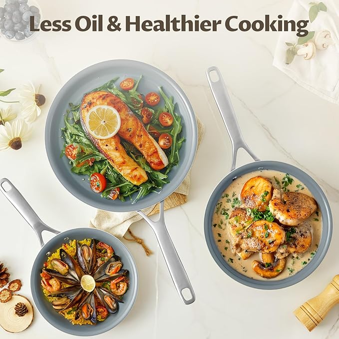 Ceramic Frying Pans Set, 3-Pieces Fry Pan (8", 9.5", 11") with Tri Ply Nonstick Coating, Induction Skillet Set with Handles, Healthy Fast Heating Cookware, Oven Safe, Suitable for All Stove