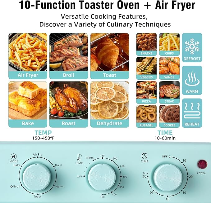 Novaspark Air Fryer Toaster Oven Combo, Retro Convection Oven Countertop,16QT Small Toaster Oven, 4-slices or 9" Pizza,Bake,Toast,Broil, Air Fry, Rapid Heating Mini Conventional Oven, Non-Stick, Blue