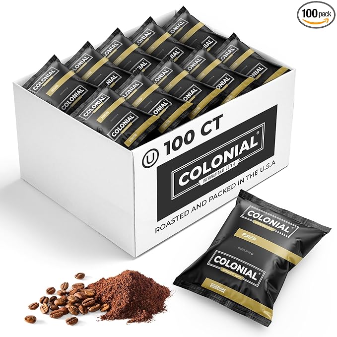 Colonial Coffee 100 Count Single Pot Coffee Packets – 100% Arabica Breakfast Blend Medium Roast | Pre-Measured Frac Packs for 12 Cup Maker | Bulk Ground Gourmet Coffee for Home & Office