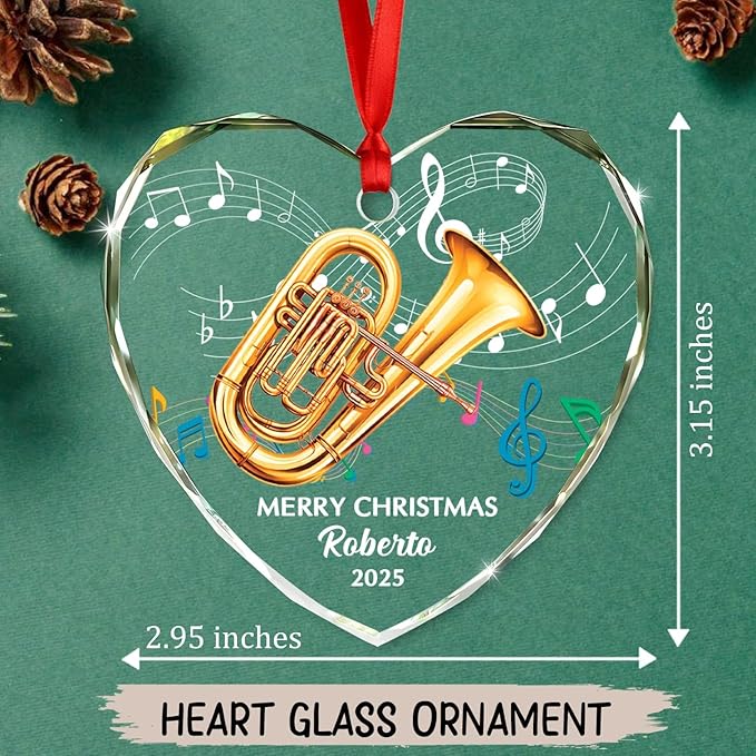 Personalized Year Text Name Tuba Instrument Glass Xmas Tree Ornament, Customized Tuba Lover Keepsake Ornaments Gift for Tubaist Daughter Son Husband Wife, Awesome Tubas Musical Instrument Ornament