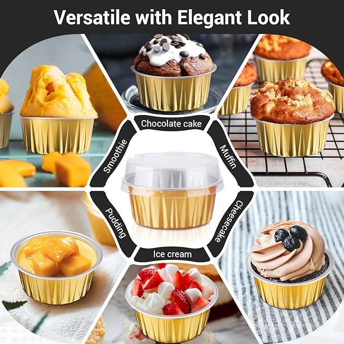 EUSOAR Aluminum Muffin Cups with Lid, 100pcs 5oz Muffin Liners Cups with Lids, Disposable Foil Ramekins, Aluminum Cupcake liners, Creme Brulee Ramekins, Aluminum Foil Cupcake Baking Cups Holders Pans