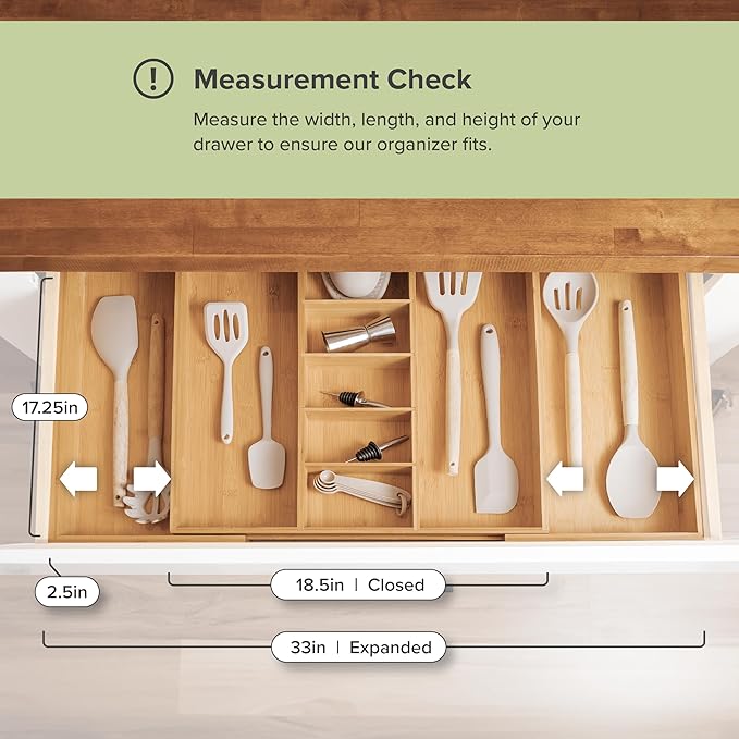 KitchenEdge Adjustable Kitchen Drawer Organizer for Utensils and Junk, Food-Safe Contract Grade with 100% Sustainable Wood, Expandable from 19 to 33 Inches Wide - Natural Bamboo