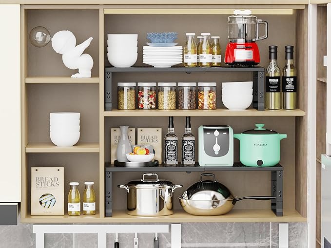 Adjustable Expanable Stackable Spice Rack Shelf Pantry Storage Organizer for Kitchen Cabinet,Countertop,Bathroom and More.Space is no Longer Limited(3Packs/Black/Medium)