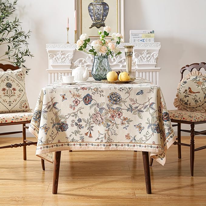 ISAENNE Designer French Light Beige Small Square Tablecloth,Linen Florals and Birds Pattern Table Cloth,Anti-Wrinkle Decorative Tablecloths for Dining Thanksgiving Kitchen,55"*55"-Cornucopia