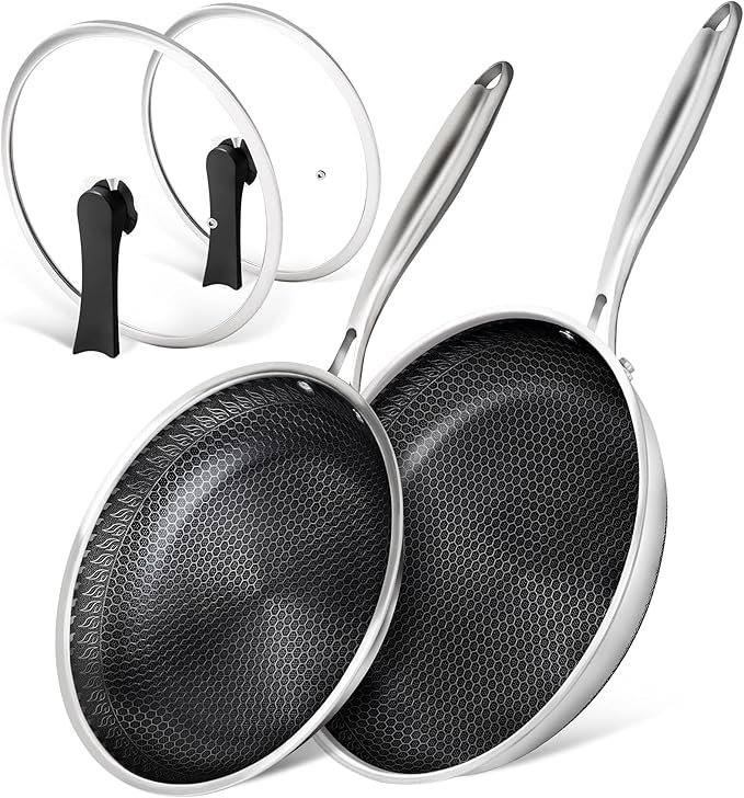 MICHELANGELO Stainless Steel Frying Pan Set with Lids, 9.5 & 11 Inch Frying Pans Nonstick, Stainless Steel Fry Pan Set, Honeycomb Pans for Cooking, Skillet with Lid - Induction Compatible