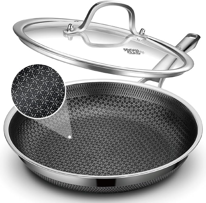 Frying Pan with Lid, 10 Inch Hybrid Non Stick Stainless Steel Skillets, Dishwasher Induction Oven Broiler Safe, Non Toxic Chef's Pan, PFOA Free Cookware