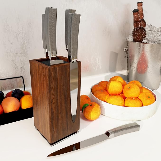360° Rotating Magnetic Knife Block without Knives - Universal Holder for Counter Top with Removable Bristles, Acacia Wood