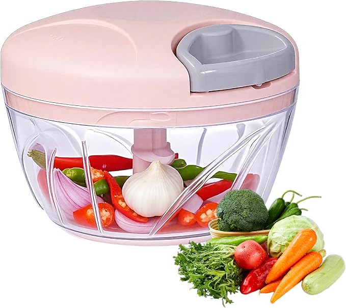 ‌Manual Food Processor Vegetable Chopper, Portable Hand Pull String Garlic Mincer Onion Cutter for Veggies, Suitable for Vegetables, Ginger, Garlic, Fruits, Onion, Potato, Salad (Pink 500 ml)‌