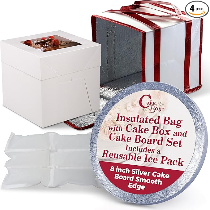 Cakebon Cake Box and Boards, 8-Inch Round Silver Smooth Edges 1/2- Inch Thick Drums with Insulated Bag and Ice Pack – Cake Transport Set, Cooler for Cake Delivery and Transport (1pc Each, 4pcs Total)