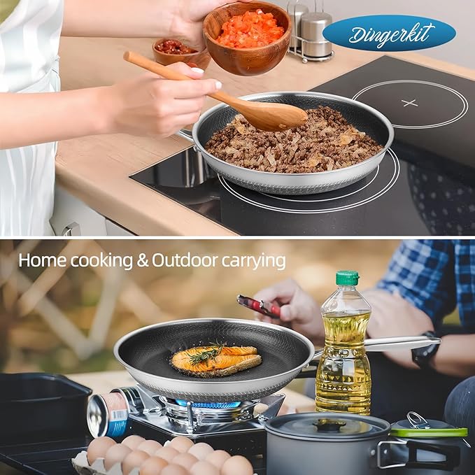 Skillets and Frying Pans NonStick with Lid, 10 inch Stainless Steel Non Stick Frying Pan Honeycomb for Kitchen Cookware - Dishwasher and Oven Safe Pan for Induction Gas Ceramic.