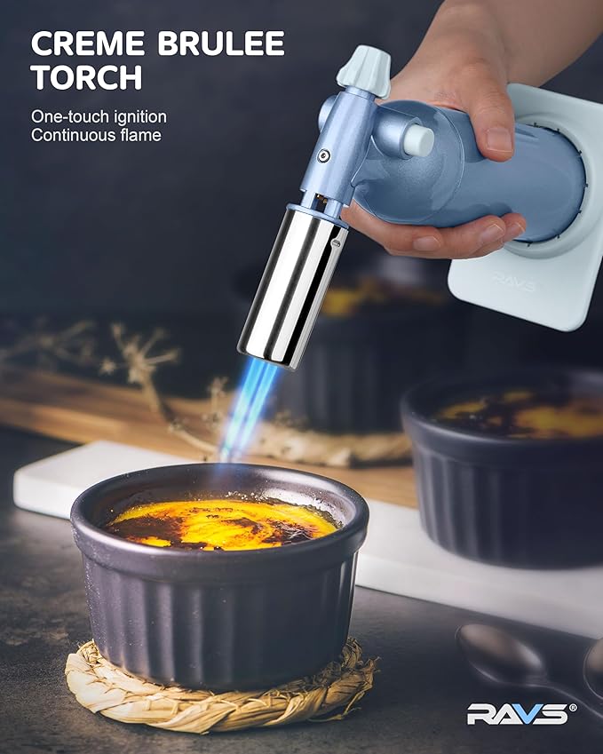 RAVS Dual Flame Butane Torch Lighter, Professional Kitchen Torch with 20G Large Capacity, Adjustable Flame, Blue Cooking Torch for Creme Brulee, BBQ, Baking, Gifts for Women (Butane Gas Not Included)