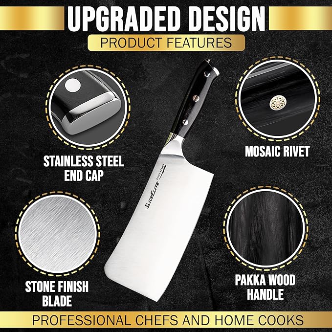 SliceElite Slice Series 7 Inch Bone Cutting knife High Carbon German Steel Blade Pakkawood Handle Dual Sheath Cleaver Chopper Butcher Tool Heavy Duty Kitchen Meat Slicer Vegetable Sharp Gift BBQ Chef