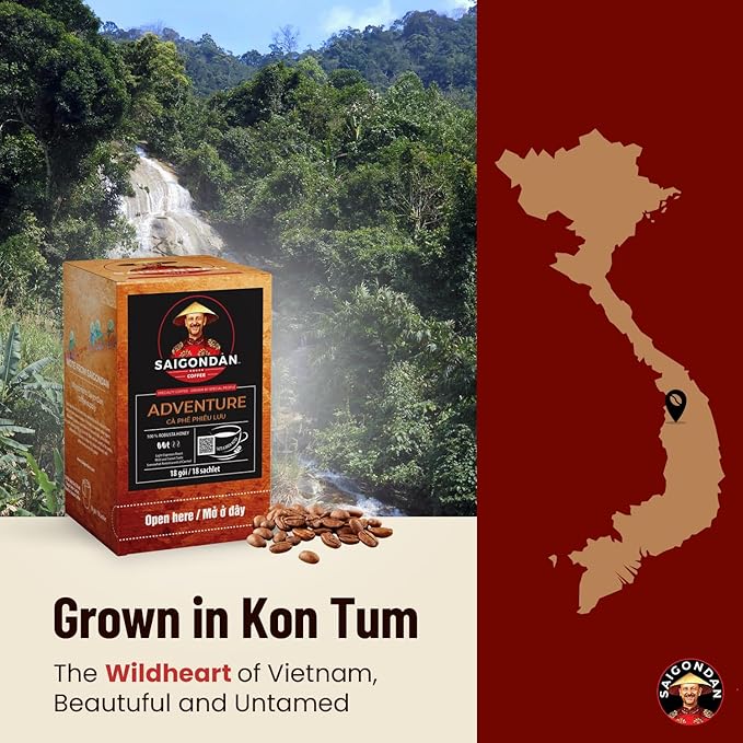 Pour Over Vietnamese Coffee – Saigondan Adventure | Espresso Robusta | 100% Robusta | Instant Specialty Coffee | Small Batch Roasted | Direct Trade | Naturally Sweet | 18 Sachets