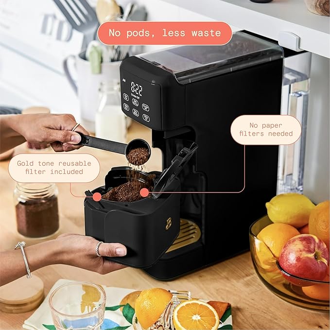 Beautiful Perfect Grind Programmable Single Serve Coffee Maker with Touch Display and Integrated Burr Grinder, Auto Coffee Strength Selection, 64oz Water Reservoir (Black Sesame)