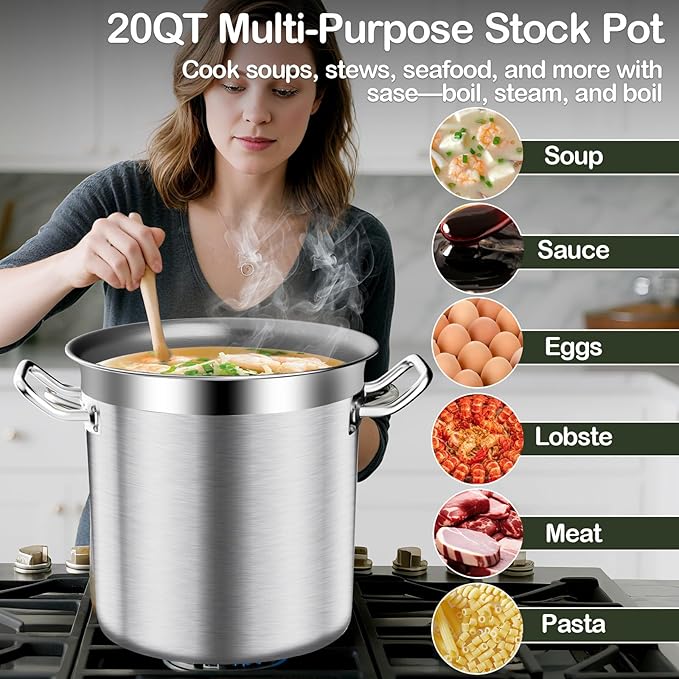Stainless Steel Stockpot with Lid, 20QT Large Stock PotHeavy Duty Tri-Ply Bottom Commercial Grade Stock Pot & Stockpots for Boiling Cooking Soup Stew Canning Cooking Pots,Big Stockpot, Deep Cookware