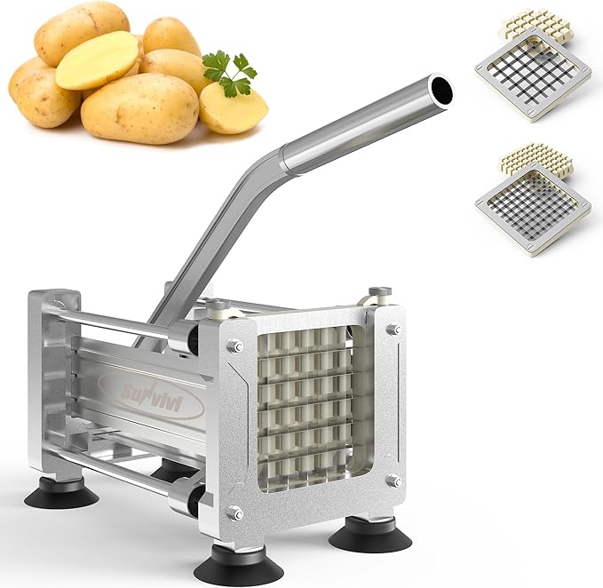 Sunvivi French Fry Cutter Stainless Steel Potato Slicer : with 2 Replaceable blades (1/2 & 3/8 Inch), Professional Fries Cutter for Potatoes, Carrots, Cucumber, Onion, Yam