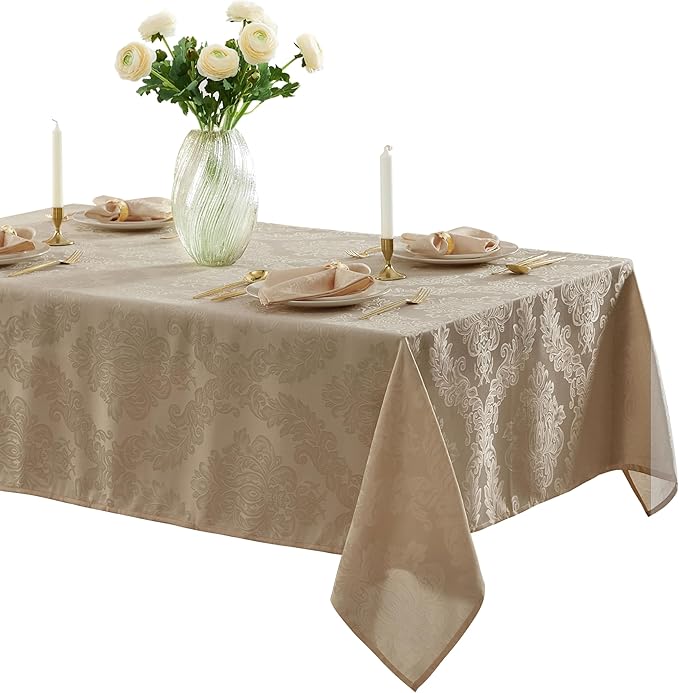 Newbridge Barcelona Luxury Damask Fabric Tablecloth, 52” Wide x 52” Square, Golden Beige, 100% Polyester, No Iron, Soil Resistant Dining Room, Party and Banquet Table Cover