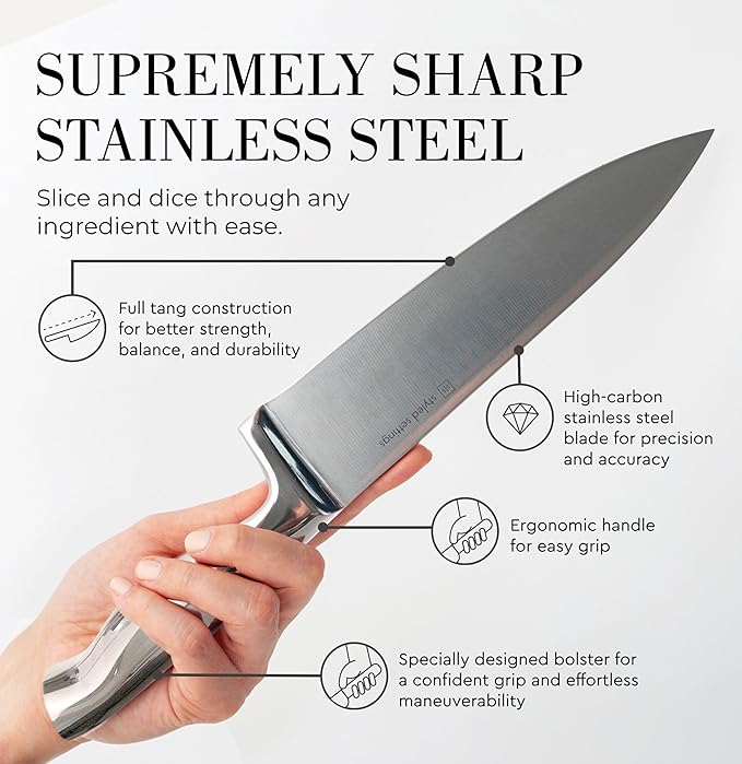 Styled Settings Stainless Steel Knife Set with Built In Sharpener - 14 Piece Ultra Sharp, High Carbon Stainless Steel Kitchen Knife Set Includes White Knife Block with Sharpener Built In