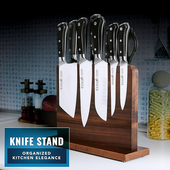 Cutluxe Magnetic Knife Holder – Magnetic Knife Block, Acacia Wood Knife Stand for Kitchen Counter, Slim & Double Sided, Powerful Magnet Strips, Organized Storage Rack & Modern Display Board