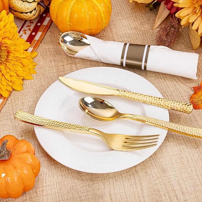 WELLIFE 50 Pack Gold Plastic Silverware with Pre Rolled Napkins,Gold Disposable Utensils, Includes: 50 Forks,50 Knives,50 Spoons,50 Napkins,gold Silverware Disposable for Thanksgiving