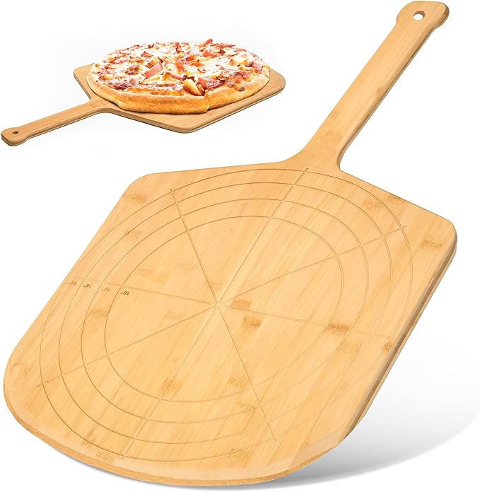 Loftern Wooden Pizza Peel 16 Inch Board with Engraved Sizes - Multi-Purpose Bamboo Pizza Cutting Board, Wood Pizza Peel, Pizza Spatula Paddle, and Serving Board with Size and Cutting Guide