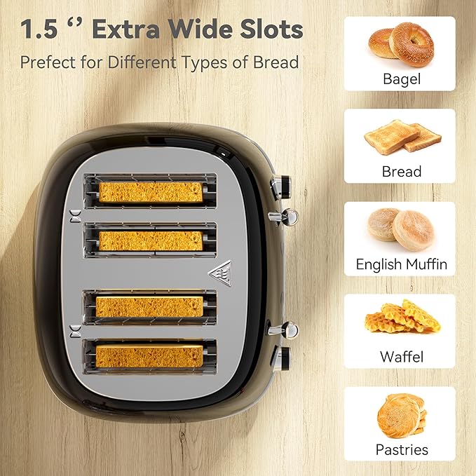 Toaster 4 Slice, Retro Stainless Toaster with 6 Bread Shade Settings,1.5''Wide Slots with Cancel/Defrost/Reheat Functions,Dual Independent Control Panel, Removal Crumb Tray (Black)