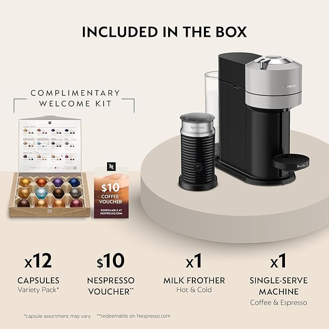 Nespresso Vertuo Next Coffee and Espresso Maker by Breville, with Aeroccino Milk Frother, Light Grey