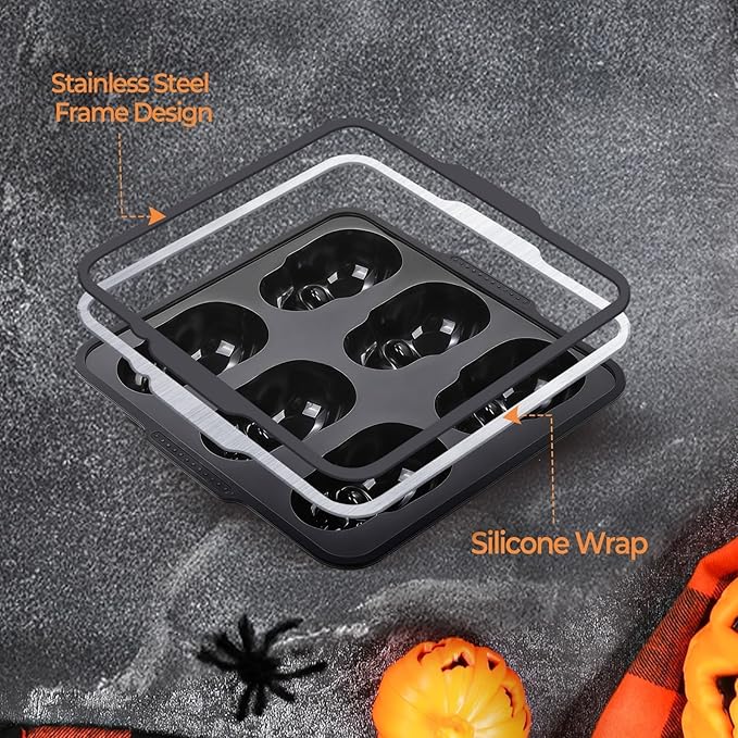 Skull Cake Pan with Metal Reinforced Frame - Spill-Proof & Sturdy 6-Cavity 3D Halloween Silicone Mold, Easy to Handle & Release for Cake, Chocolate, Jello