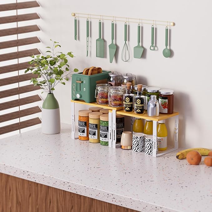Adjustable Storage Shelves for Kitchen Cabinet Organization - Set of 2 Stackable Metal & Solid Wood Racks, Space-Saving Design for Countertop/Pantry/Garage, Easy Assembly(1 Pack/Medium/White)