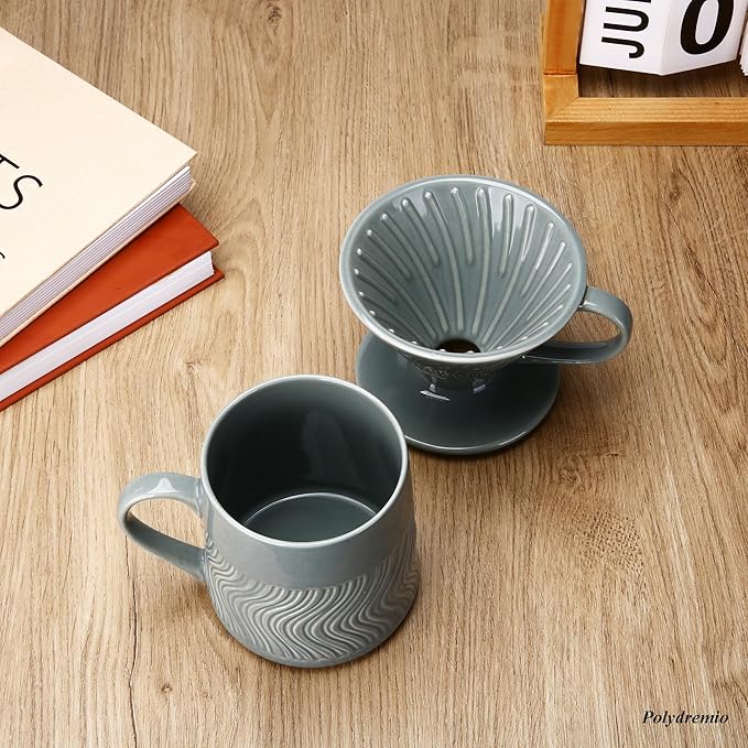 Pour Over Coffee Maker with 100 Sheets of V60 Paper Filter, 15 oz Ceramic Coffee Mug & Coffee Dripper, 1 Cup-Single brew coffee set, Grey