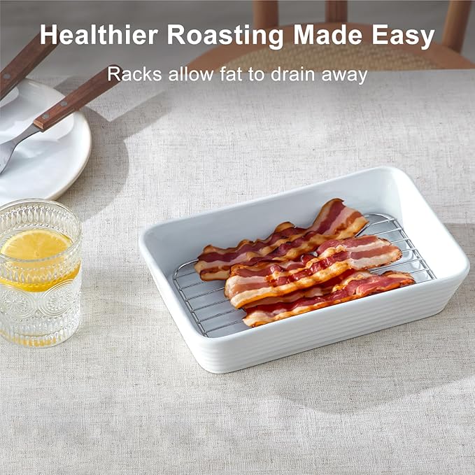 ONEMORE Baking Dishes for Oven, Large Casserole Dishes for Oven with Roasting Racks, Rectangular Ceramic Baking Dish Set of 3 for Cooking & Serving, Handleless Deep Dish Lasagna Pan (3QT/2.1QT/1.3QT)