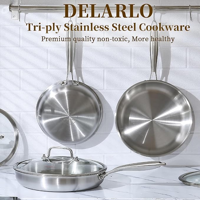 DELARLO Stainless Steel Pan丨10 Inch Skillet with Lid丨Oven Safe Up to 600℉丨Triply Stainless Steel Cookware丨Stainless Steel Pan 10 in丨Induction Compatible丨Fast Even Heat丨Large Cooking Surface