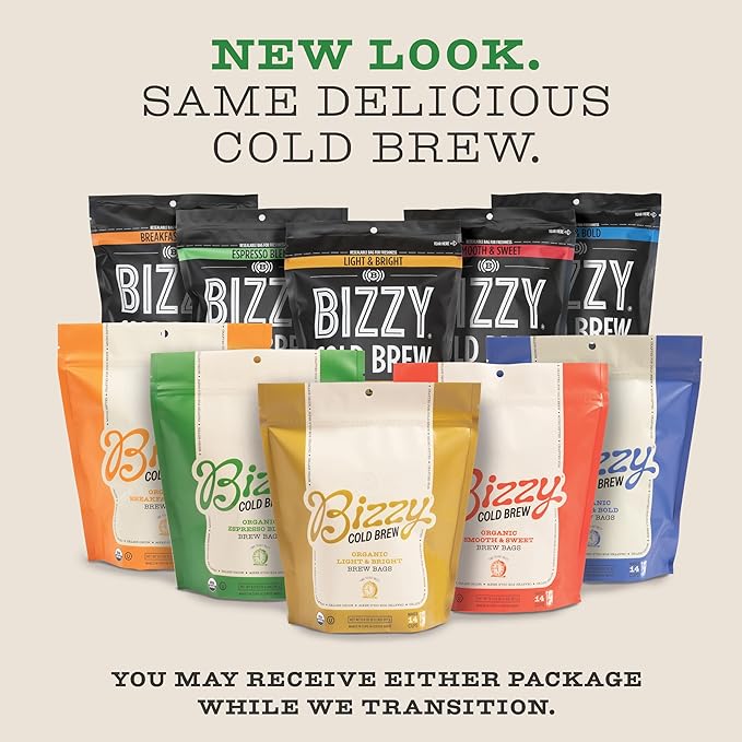 Bizzy Organic Cold Brew Coffee | Light & Bright Blend | Coarse Ground Coffee | Light Roast | Micro Sifted | Specialty Grade | 100% Arabica | Brew Bags | 4 Count | Makes 14 Cups (Pack of 2)