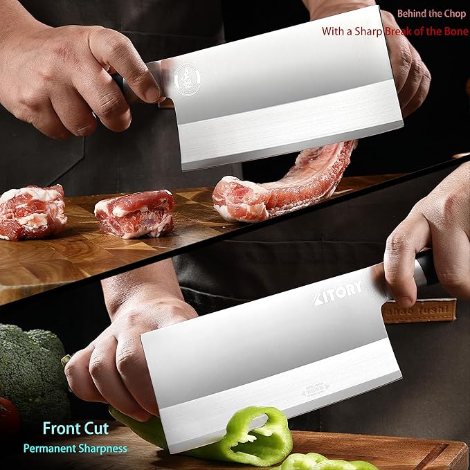 Kitory Meat Cleaver Knife 7"- Front Cutting Behind Chopping - German High Carbon Steel Blade, Chinese Qian Qie Hou Zhan Kitchen Chef`s Knife - 2024 Gifts - Metadrop Series MTD09S
