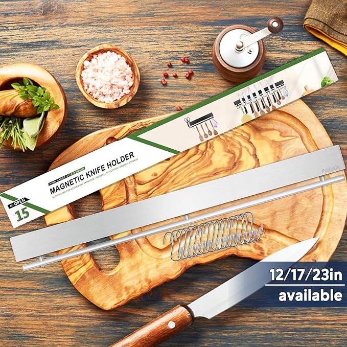 23 inch magnetic knife holder with 15 hooks, No Drilling knife magnetic strip and utensil hanger for wall, Powerful knife magnet rack include tape and screws