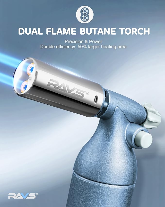 RAVS Dual Flame Butane Torch Lighter, Professional Kitchen Torch with 20G Large Capacity, Adjustable Flame, Blue Cooking Torch for Creme Brulee, BBQ, Baking, Gifts for Women (Butane Gas Not Included)