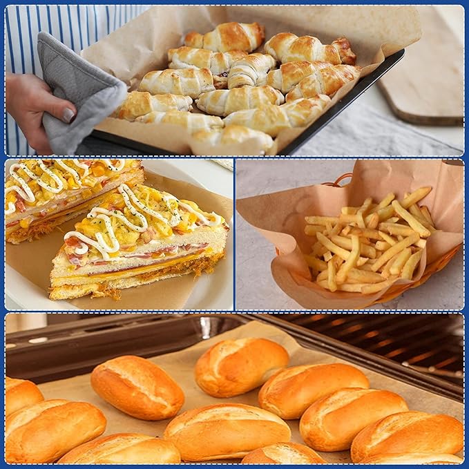 Parchment Paper Sheets for Baking 12-16 IN Precut Non-Stick Parchment Paper Unbleached Baking Sheet Paper for Air Fryer,Baking,Sandwich,Grilling,Steaming,Suitable For Bread Cake Cookies 50p