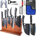 XYJ Knife Block Set, Full Tang Kitchen Knives Set with Block, Sharpening Stick, Chopping Board, Scissors, Mini Knife, Gloves, Cleaning Cloth, Pakkawood Handle Knives