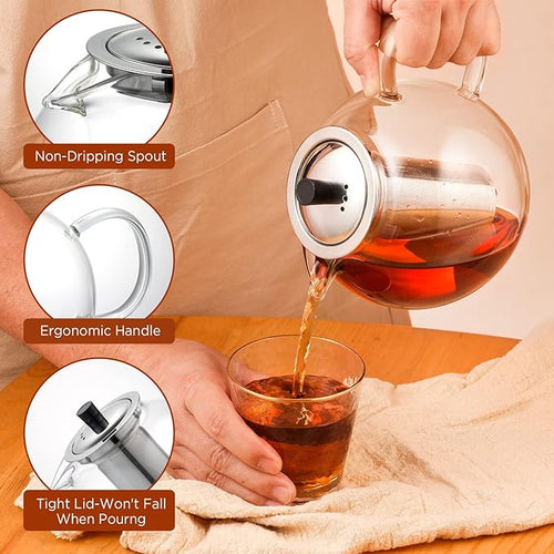 1500ml Glass Teapot with Removable Stainless Infuser(50oz), Ehugos Stovetop Safe Large Tea Pot, Hand Crafted Kettle for Women and Adult, for Loose Leaf Tea, Hot and Iced Water, Juice Beverage